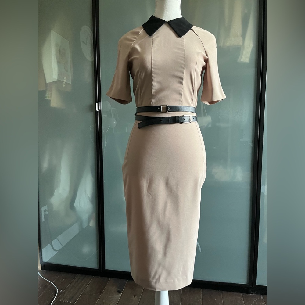 Elegant Tan Belted Dress
